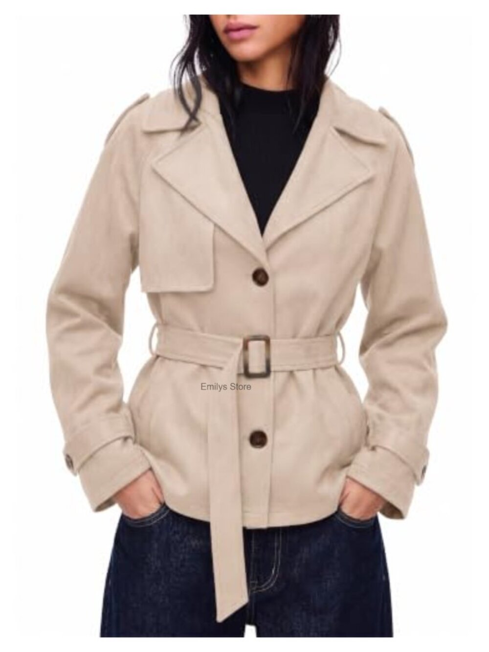 Faux Suede Jacket Short Trench Coat with Belt Button Down Lapel